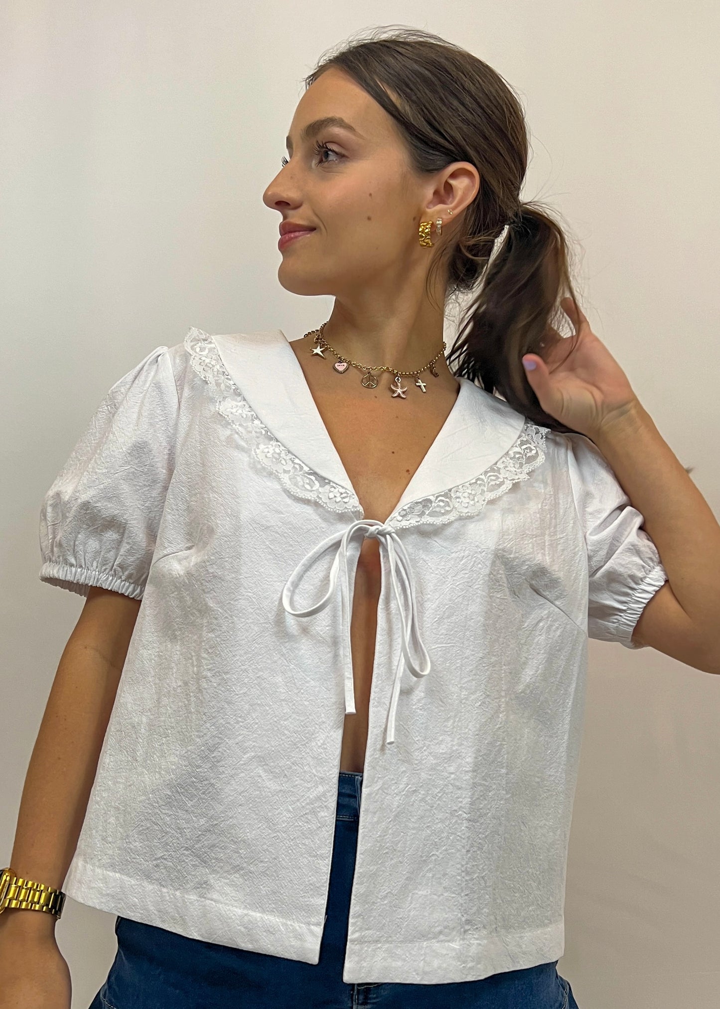 White Front Tie Blouse