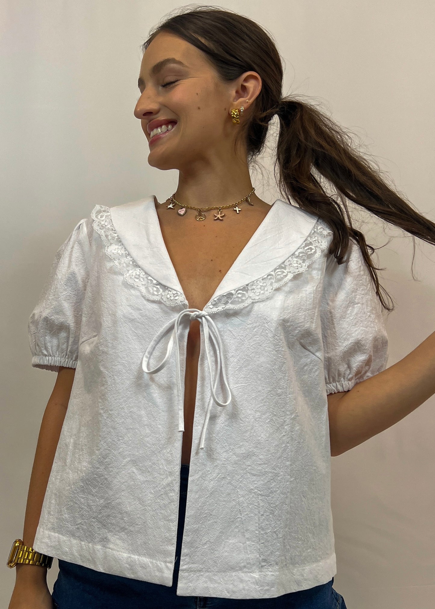 White Front Tie Blouse