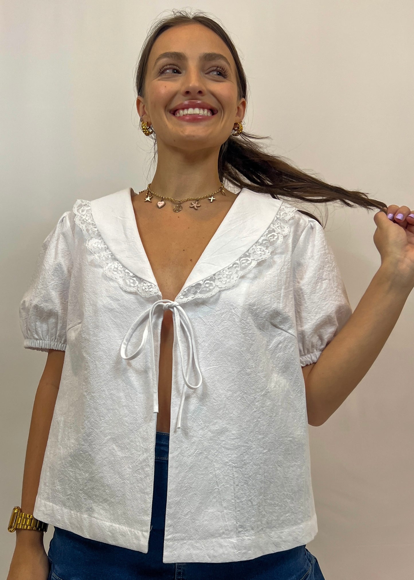 White Front Tie Blouse