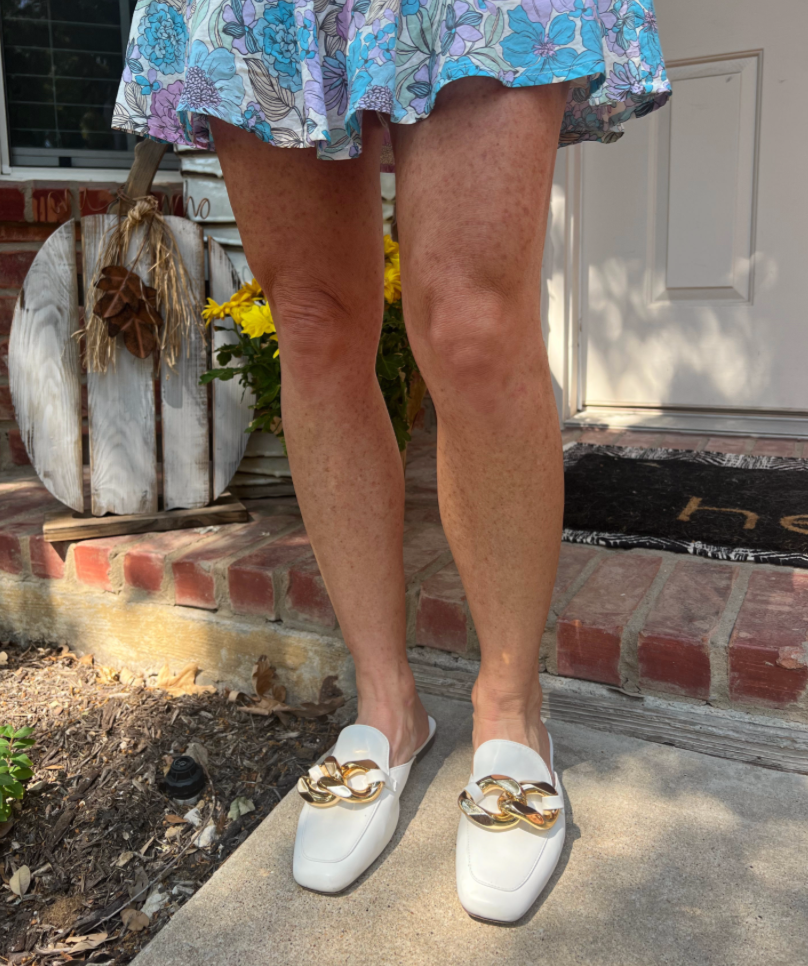 White Mules With Metallic Chain