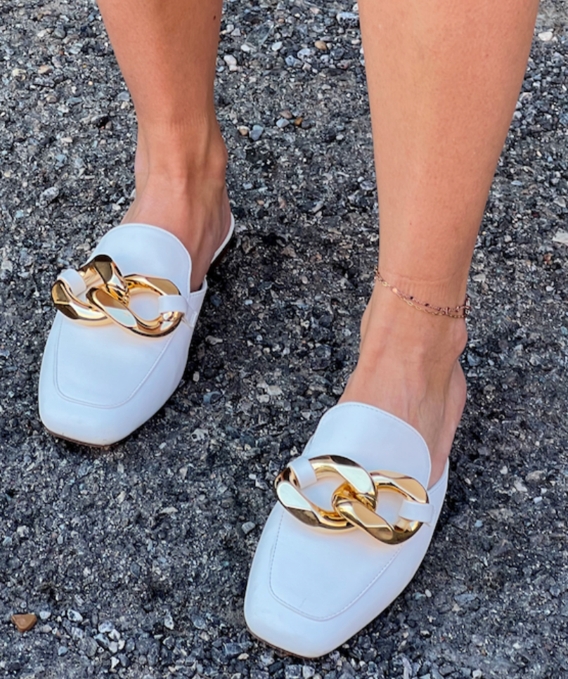 White Mules With Metallic Chain