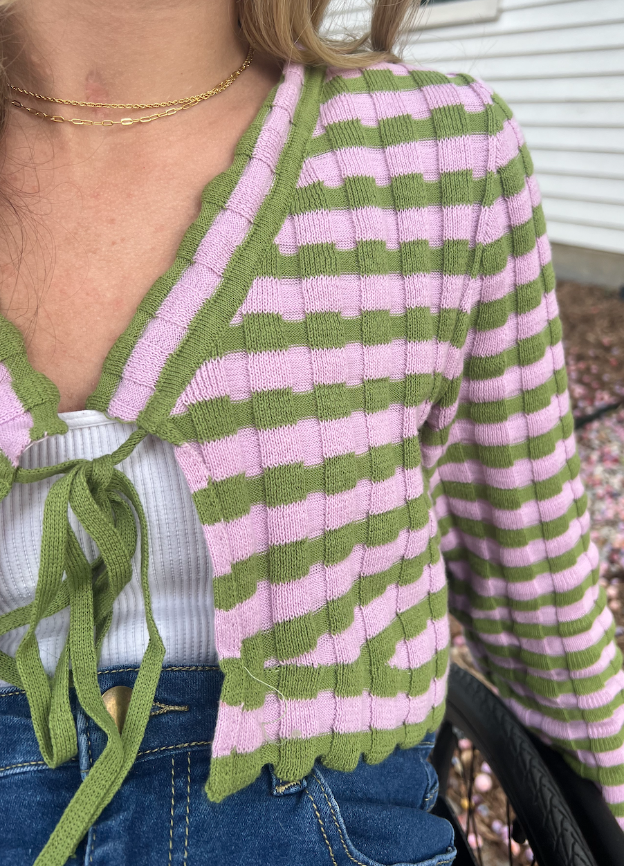 Green & Lilac Front Tie Striped Cardigan