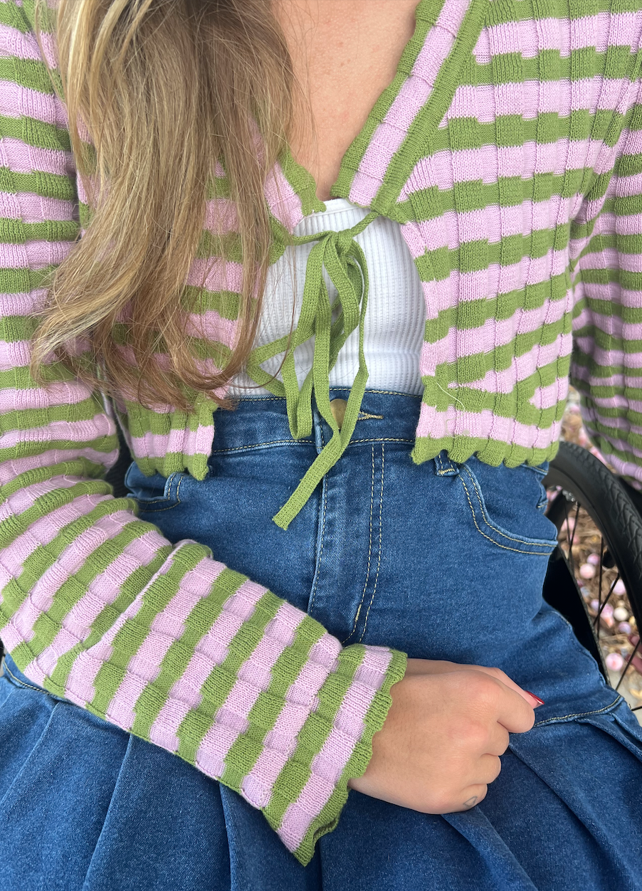 Green & Lilac Front Tie Striped Cardigan