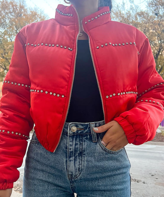 Red Rhinestone Cropped Jacket