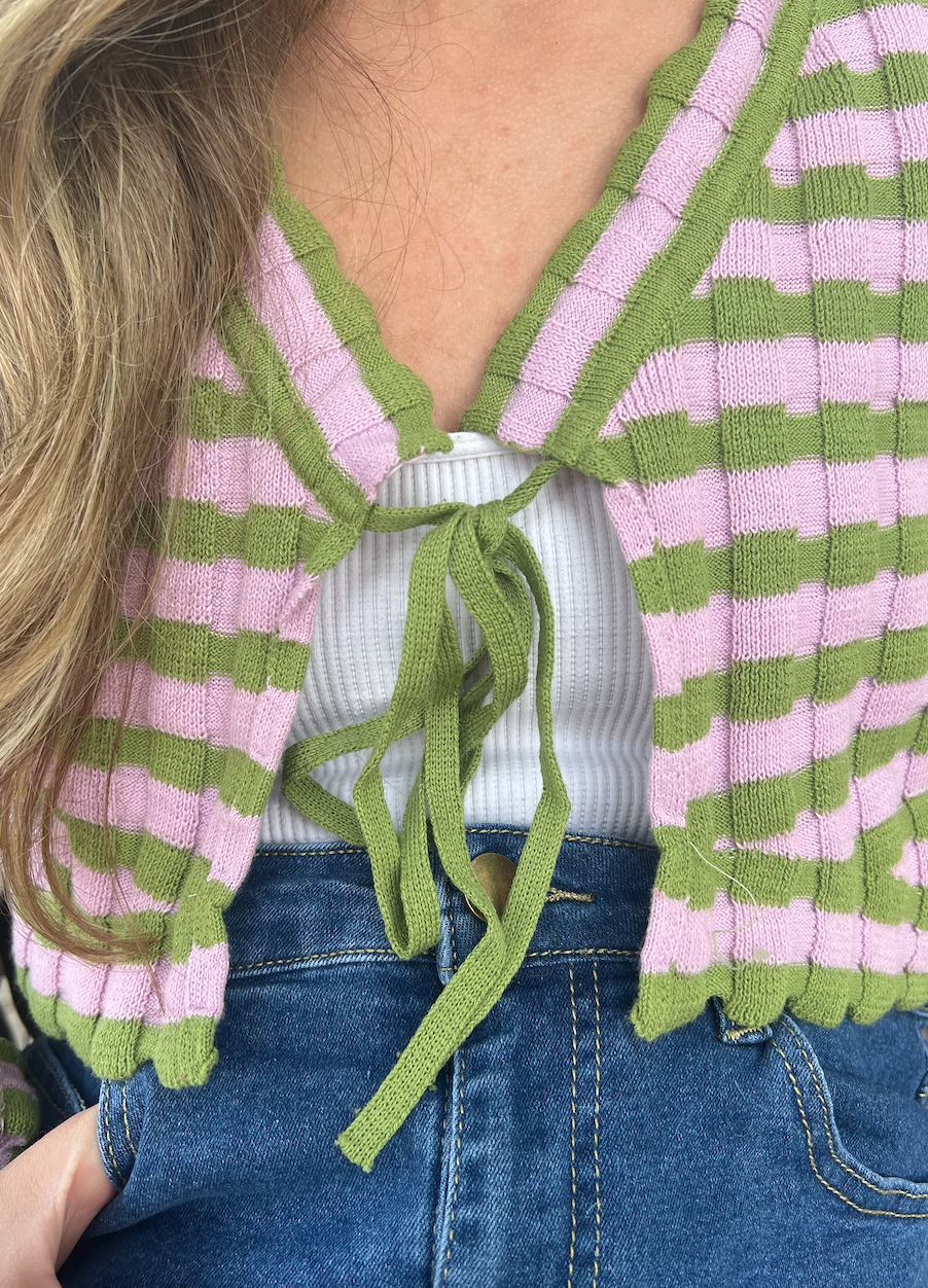 Green & Lilac Front Tie Striped Cardigan